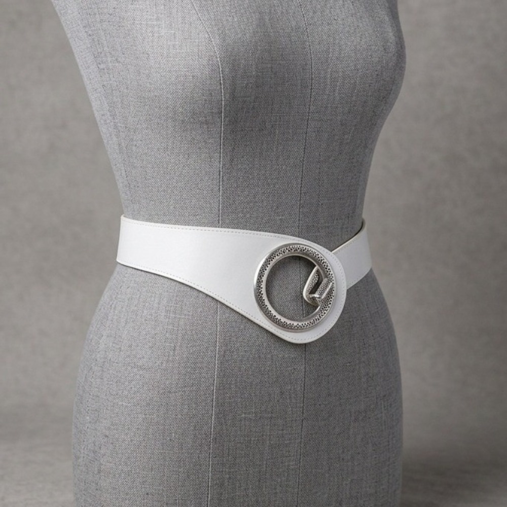 Vintage Y2K White Leather Belt Silver Big Circle Belt Festival Western